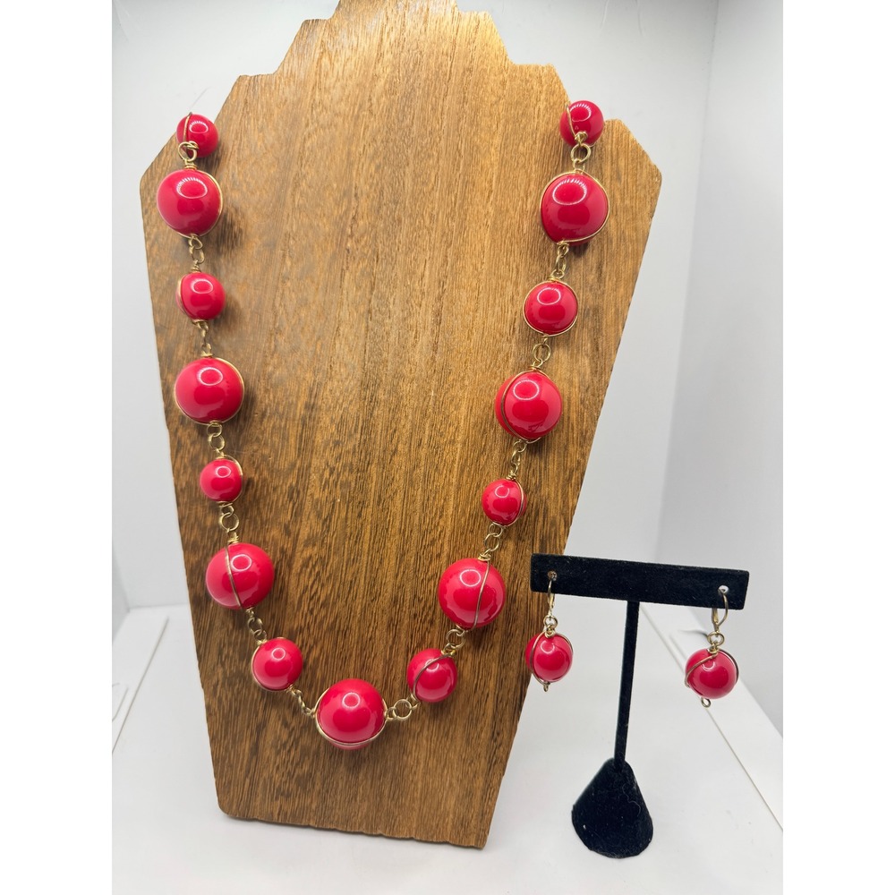 Vintage Red Bead Gold Wire Wrapped Statement Necklace Earrings Set Retro Bold